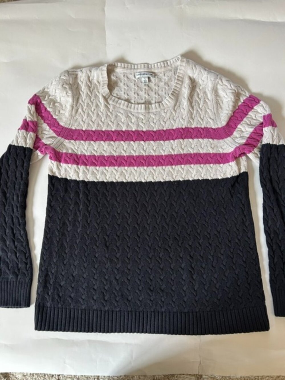 Croft & Barrow Women's L Cream Ruby Black Striped Cable-Knit Crew Neck Sweater